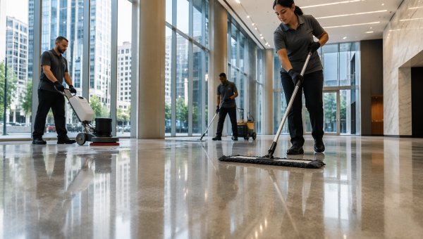 Busy crew maintaining a sleek atrium